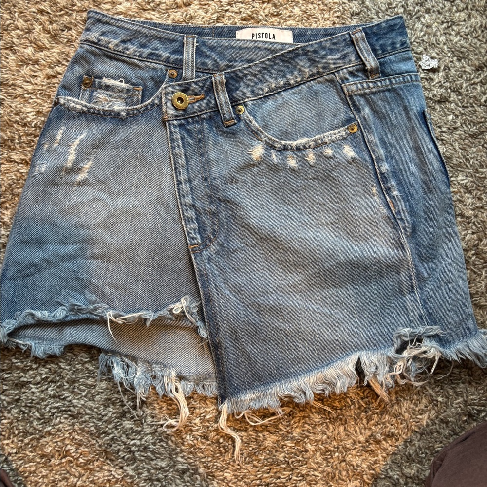 Pistola Distressed Denim Mini Skirt - Blue